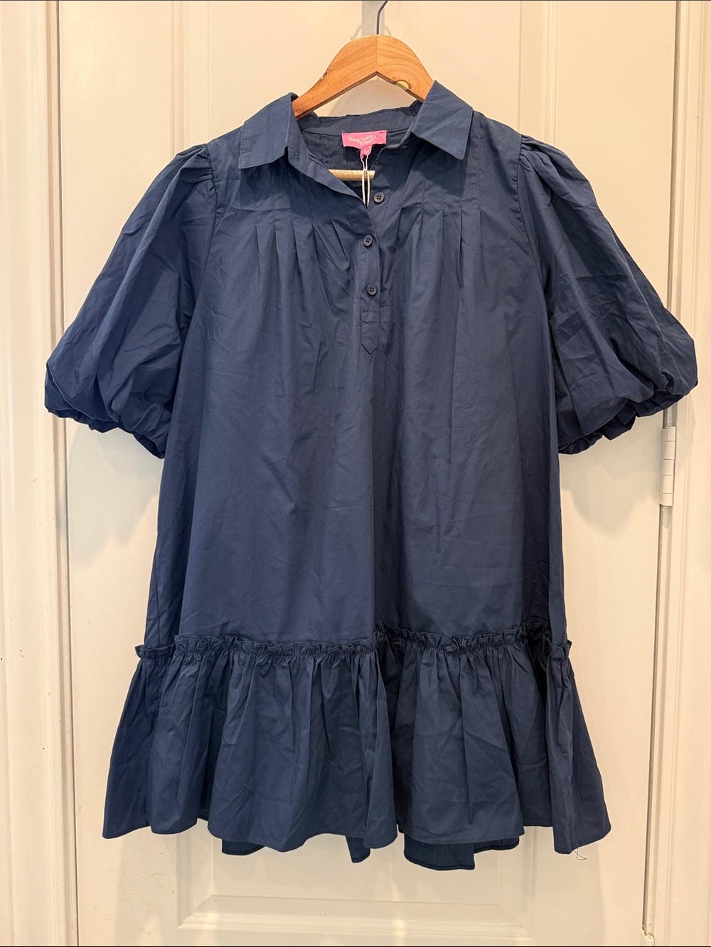 Sincerly Ours Navy Puff Sleeve Ruffle-Hem Mini Dress